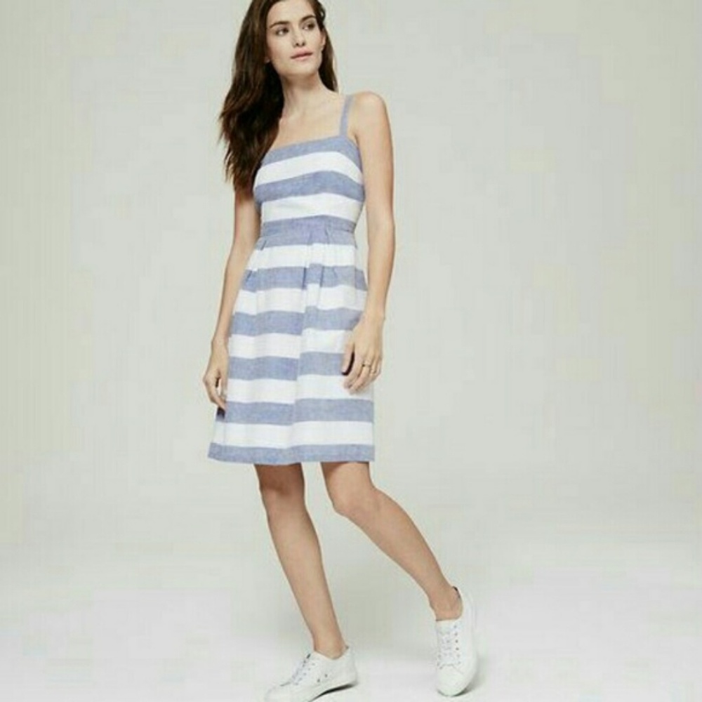 Loft Striped Pleated Linen Skater Dress
